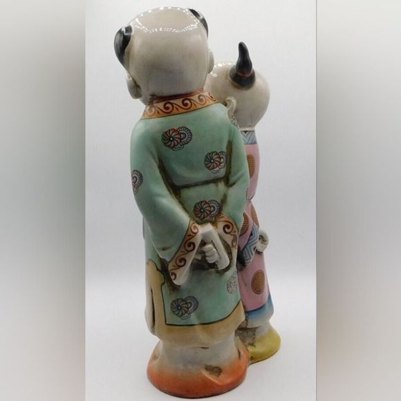 Vintage Antique Japanese Porcelain Polychrome Kutani Imari Double Statue 14"Tall - Picture 6 of 9